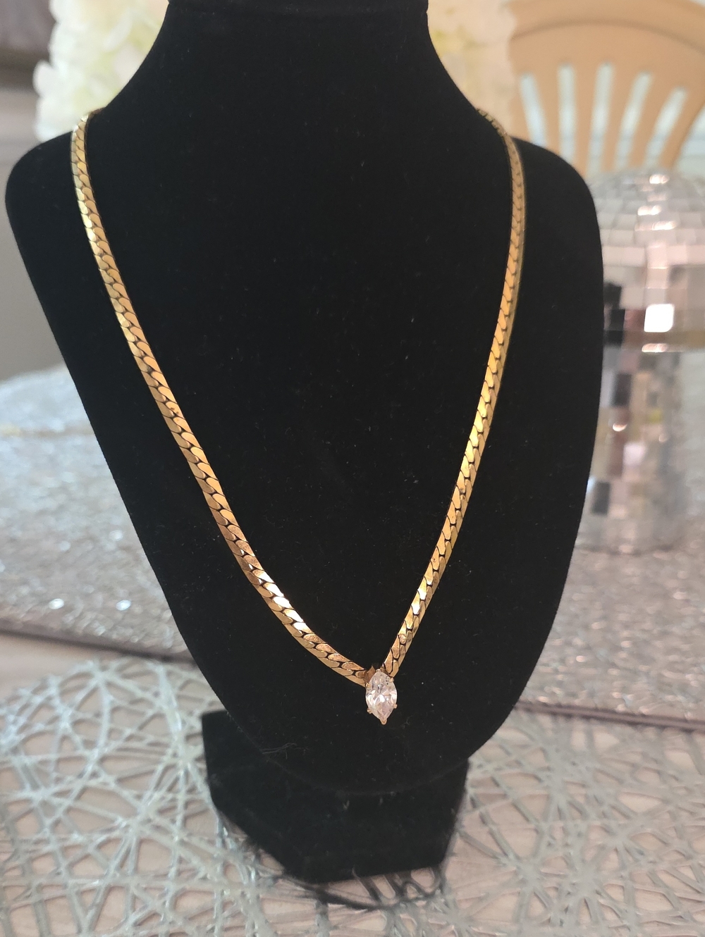 Vintage Gold Herringbone Necklace with Clear Teardrop Pendant